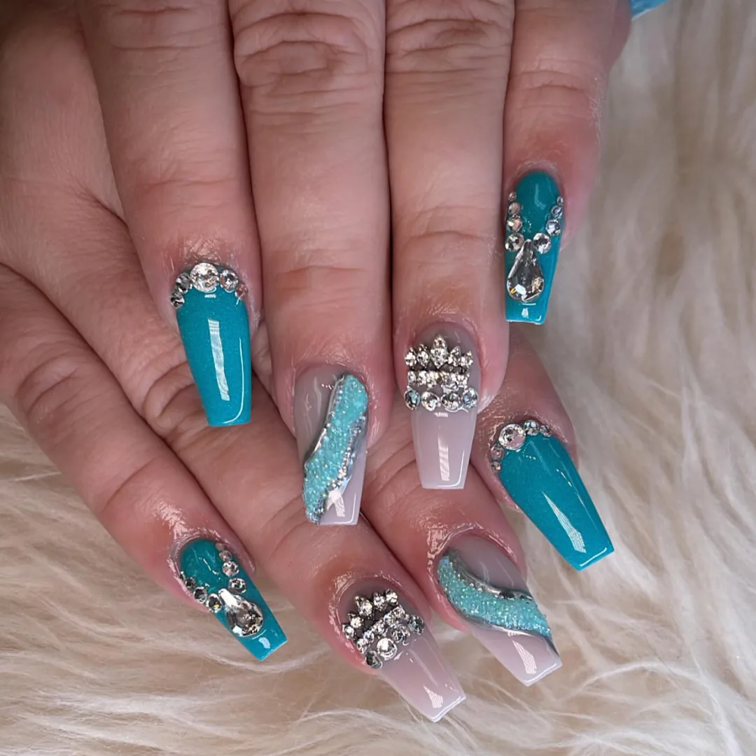 Aqua coffin nails with crystal embellishments by Your Way Nail Spa