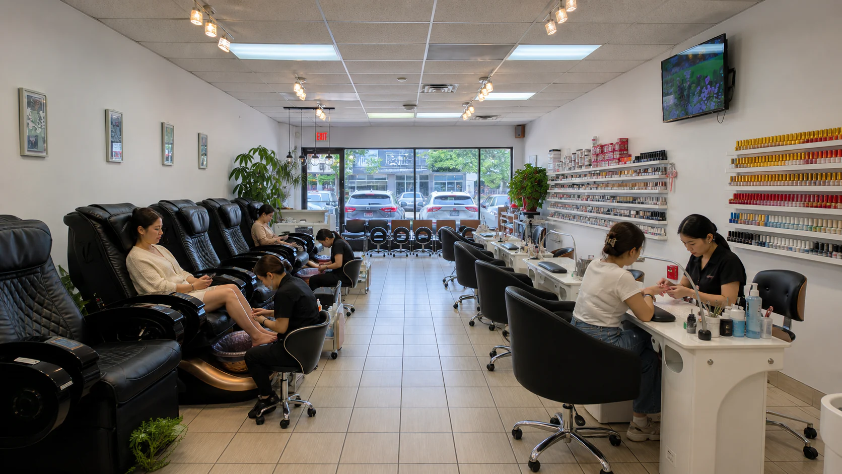 Wide view through Your Way Nail Spa showing active manicure and pedicure stations